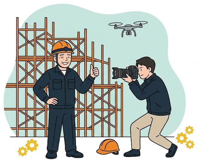 職人さんを撮影するカメラマンとドローンのイラスト
